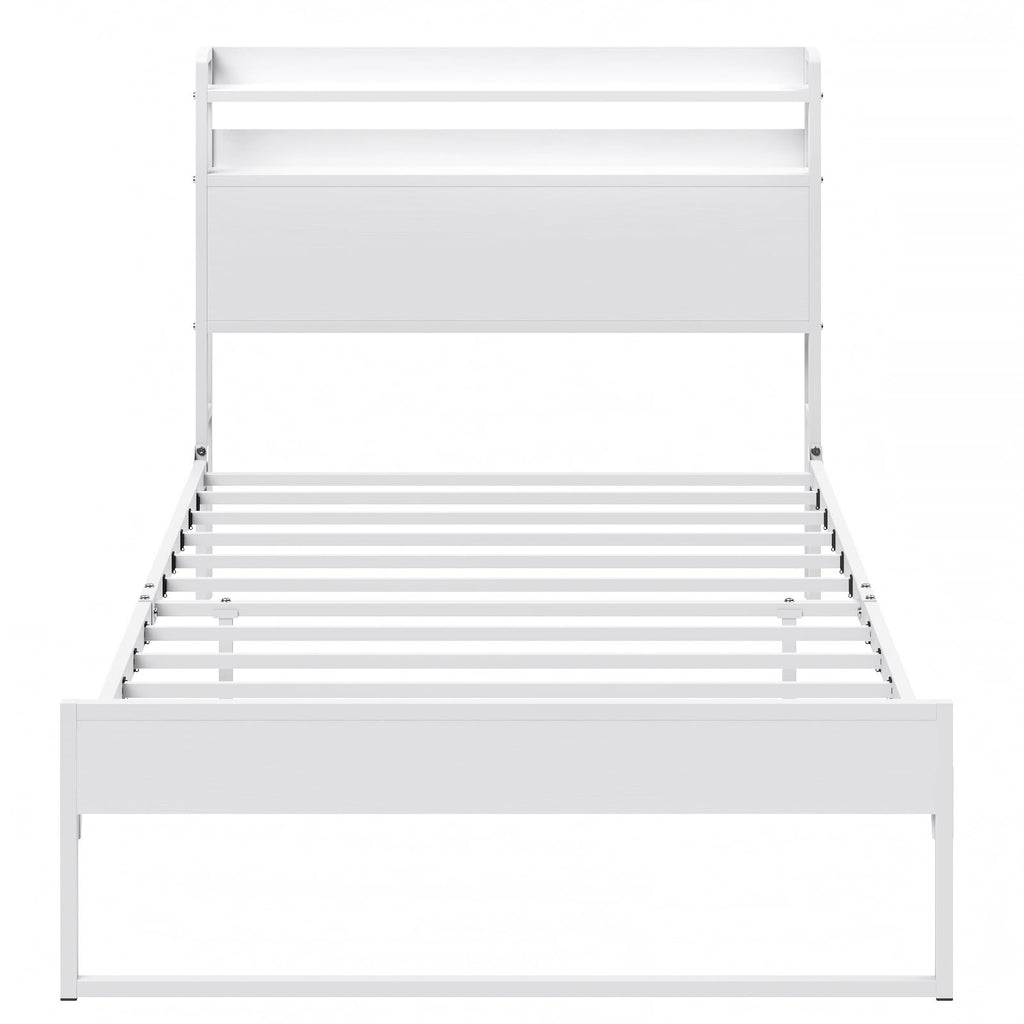White Metal Twin Bed Frame with 2-Tier Storage Headboard L945506