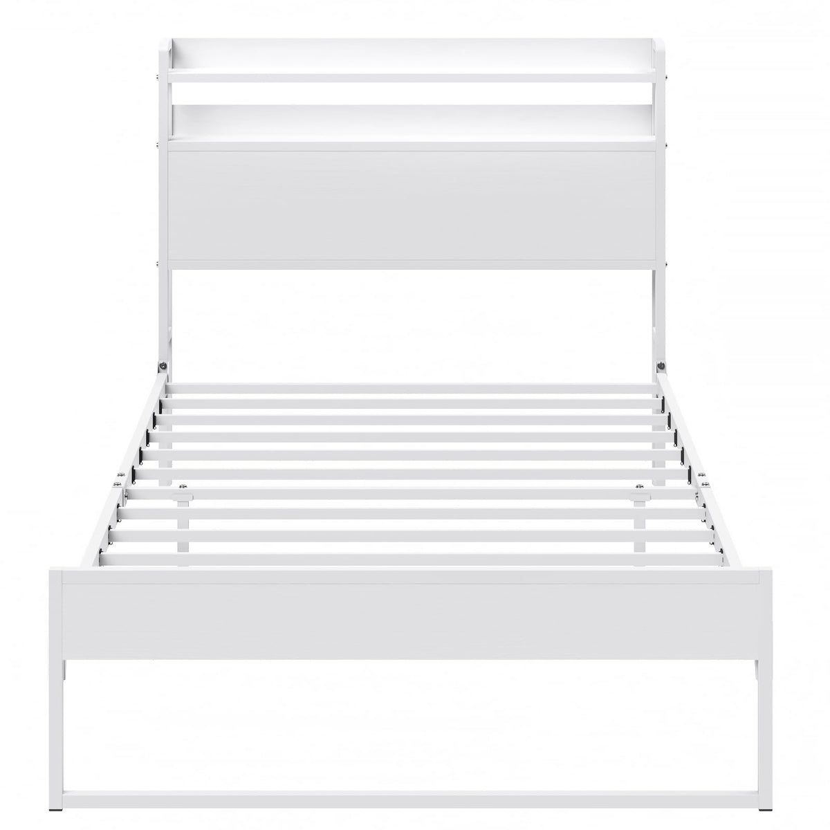 White Metal Twin Bed Frame with 2-Tier Storage Headboard L945506
