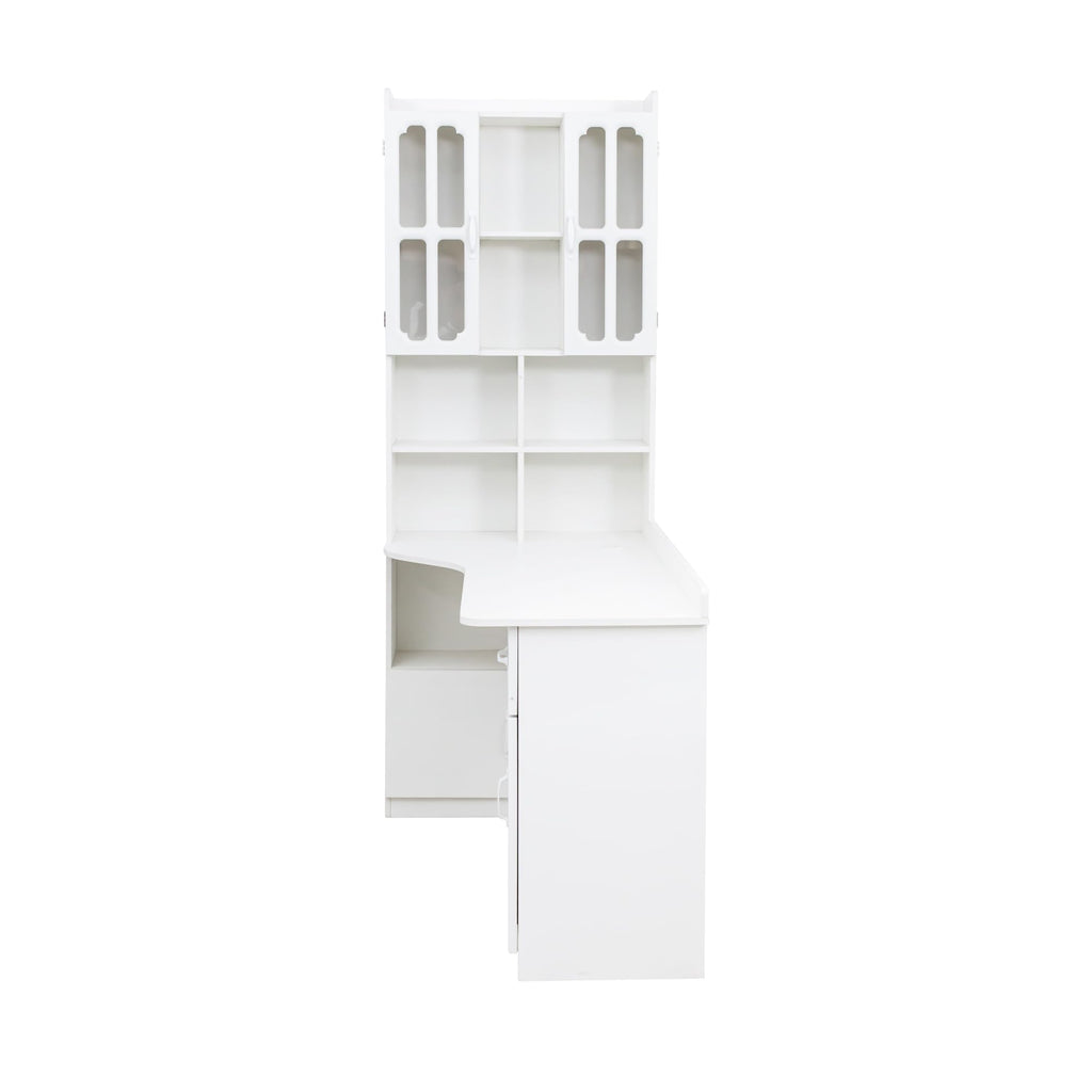 White L Shaped Corner Computer Desk with Bookshelf and Drawer S43886