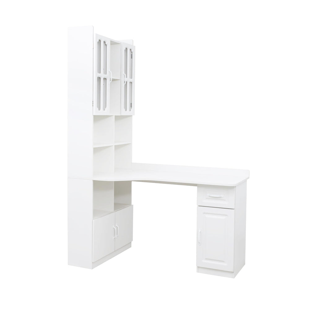 White L Shaped Corner Computer Desk with Bookshelf and Drawer S43886