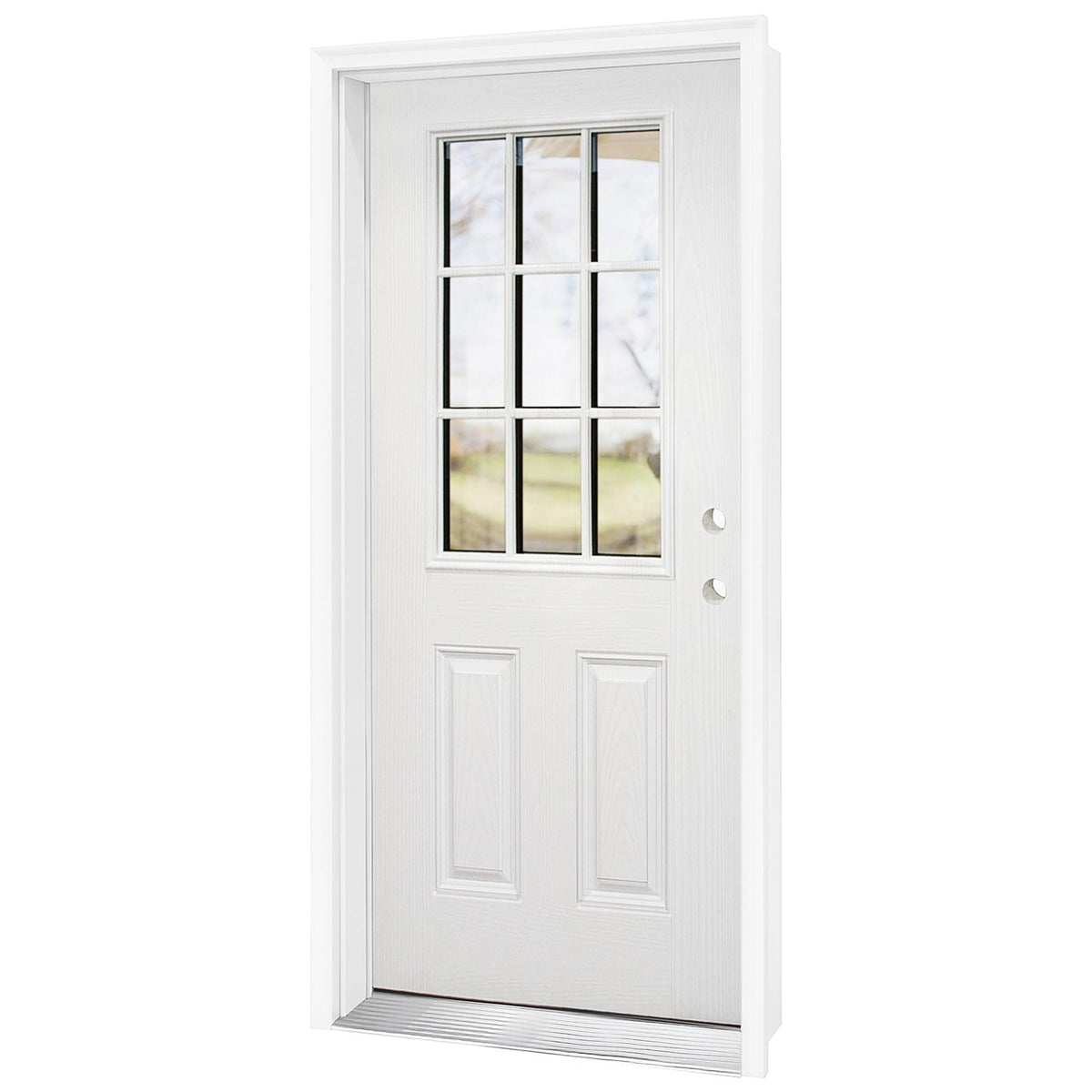 Fiberglass Exterior Door with Brickmould, 36 x 80 Left Hand Inswing 9 Lite Glass V1319