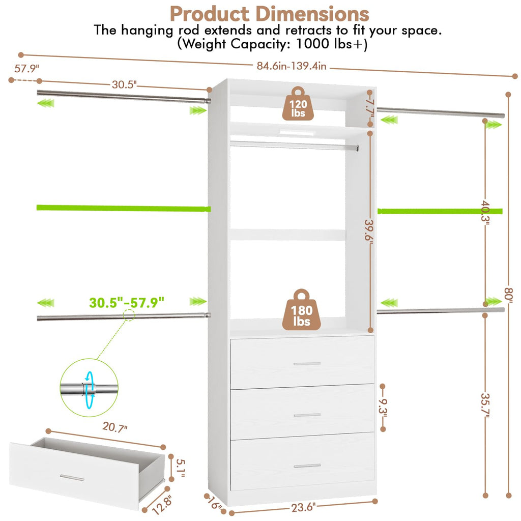 Wooden 11FT Closet Organizer with 3 Drawers and 4 Hanging Rods White Z716