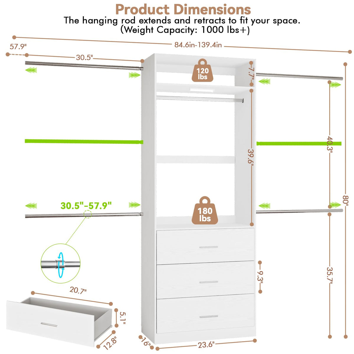 Wooden 11FT Closet Organizer with 3 Drawers and 4 Hanging Rods White Z716