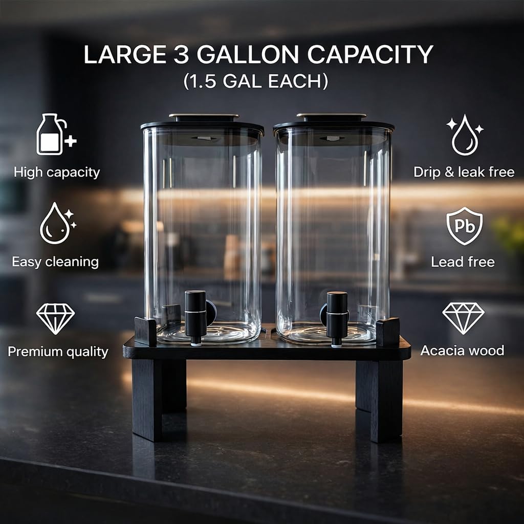 2 PCS 3 Gallon Glass Beverage Dispenser with Wood Stand T3713