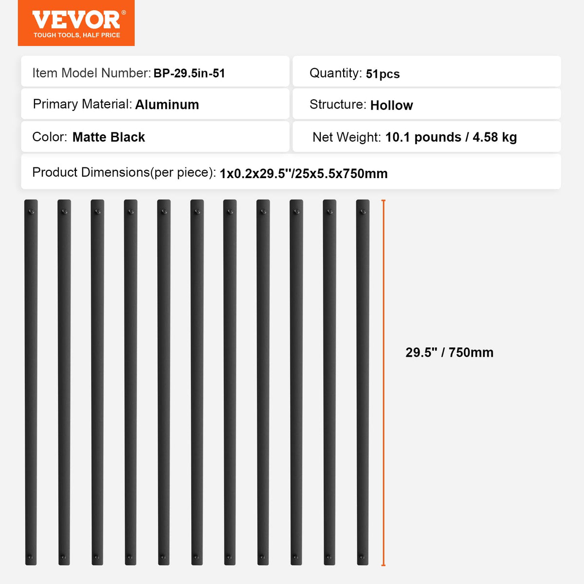 29.5"x1" Flat Aluminum Alloy 51 Pack Satin Black Metal Balusters S6369