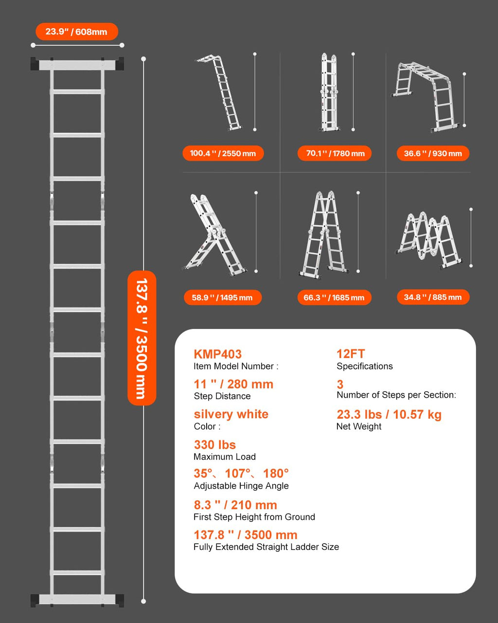 Multi-Purpose Folding Ladder, 7-in-1 Adjustable Telescoping Ladder, 330 lbs Capacity B19934