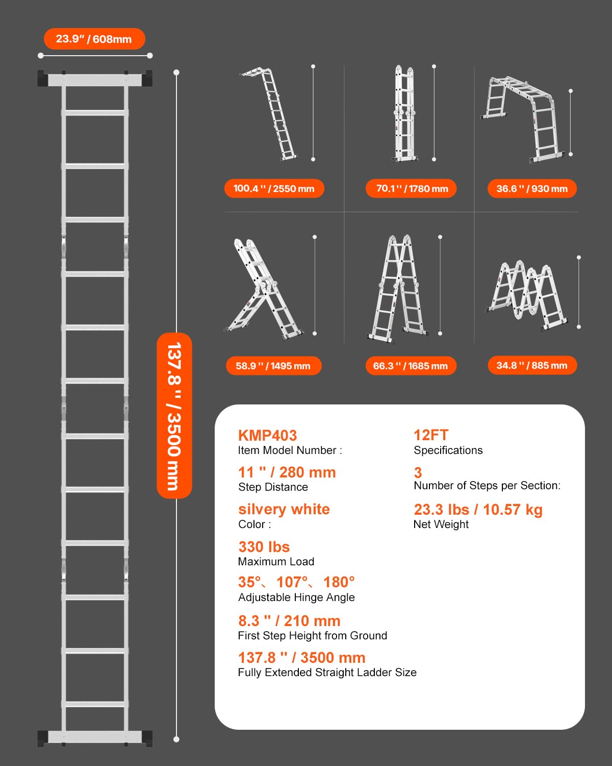 Multi-Purpose Folding Ladder, 7-in-1 Adjustable Telescoping Ladder, 330 lbs Capacity B19934