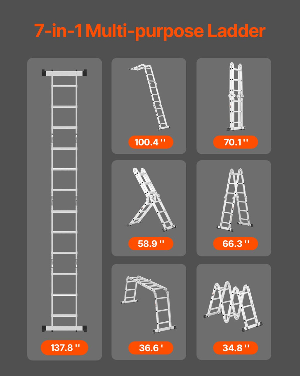 Multi-Purpose Folding Ladder, 7-in-1 Adjustable Telescoping Ladder, 330 lbs Capacity B19934