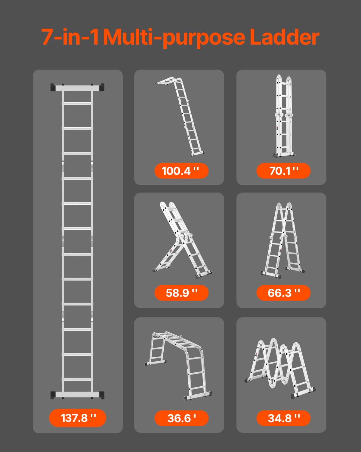 Multi-Purpose Folding Ladder, 7-in-1 Adjustable Telescoping Ladder, 330 lbs Capacity B19934