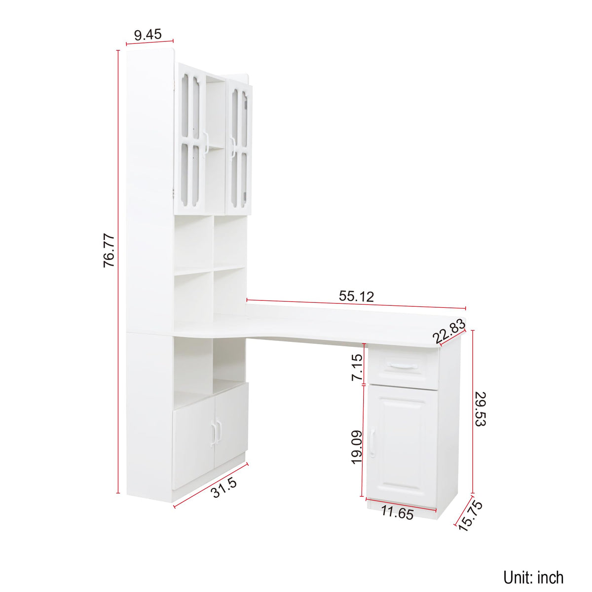 White L Shaped Corner Computer Desk with Bookshelf and Drawer S43886