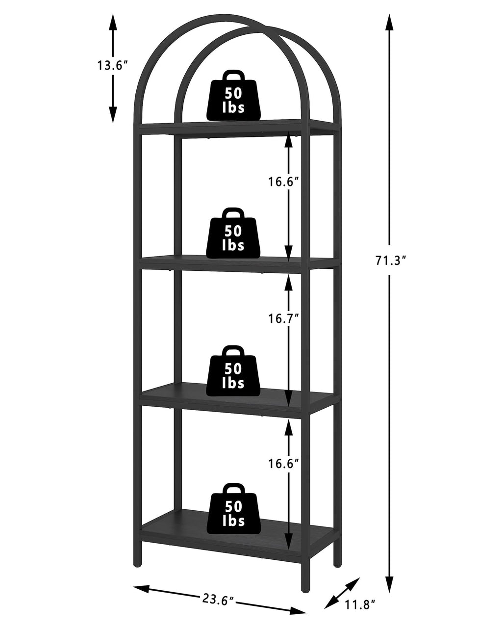 4 Tier Arched Black Bookshelf P9403