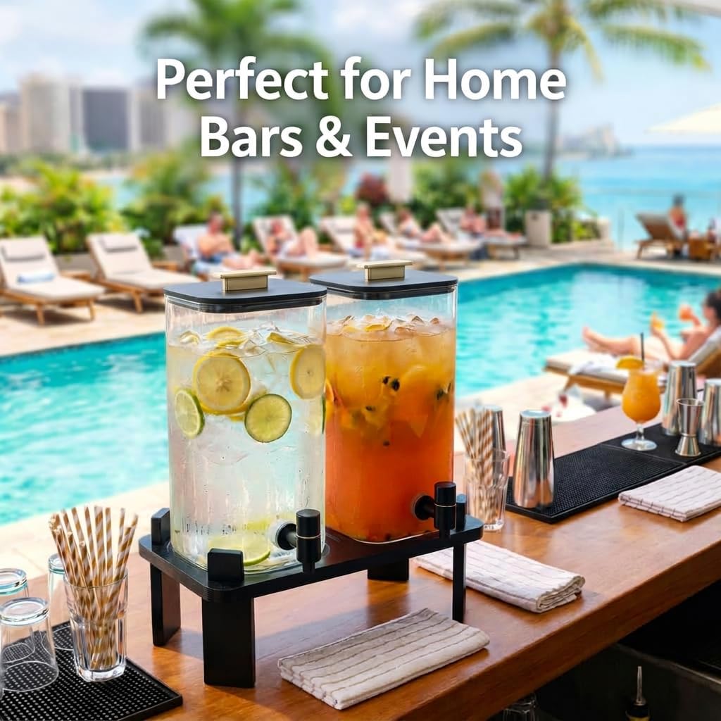 2 PCS 3 Gallon Glass Beverage Dispenser with Wood Stand T3713