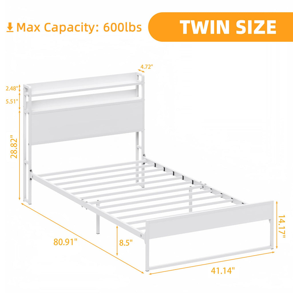 White Metal Twin Bed Frame with 2-Tier Storage Headboard L945506