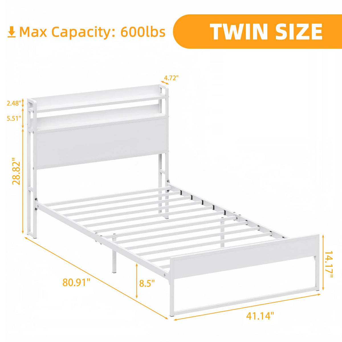 White Metal Twin Bed Frame with 2-Tier Storage Headboard L945506