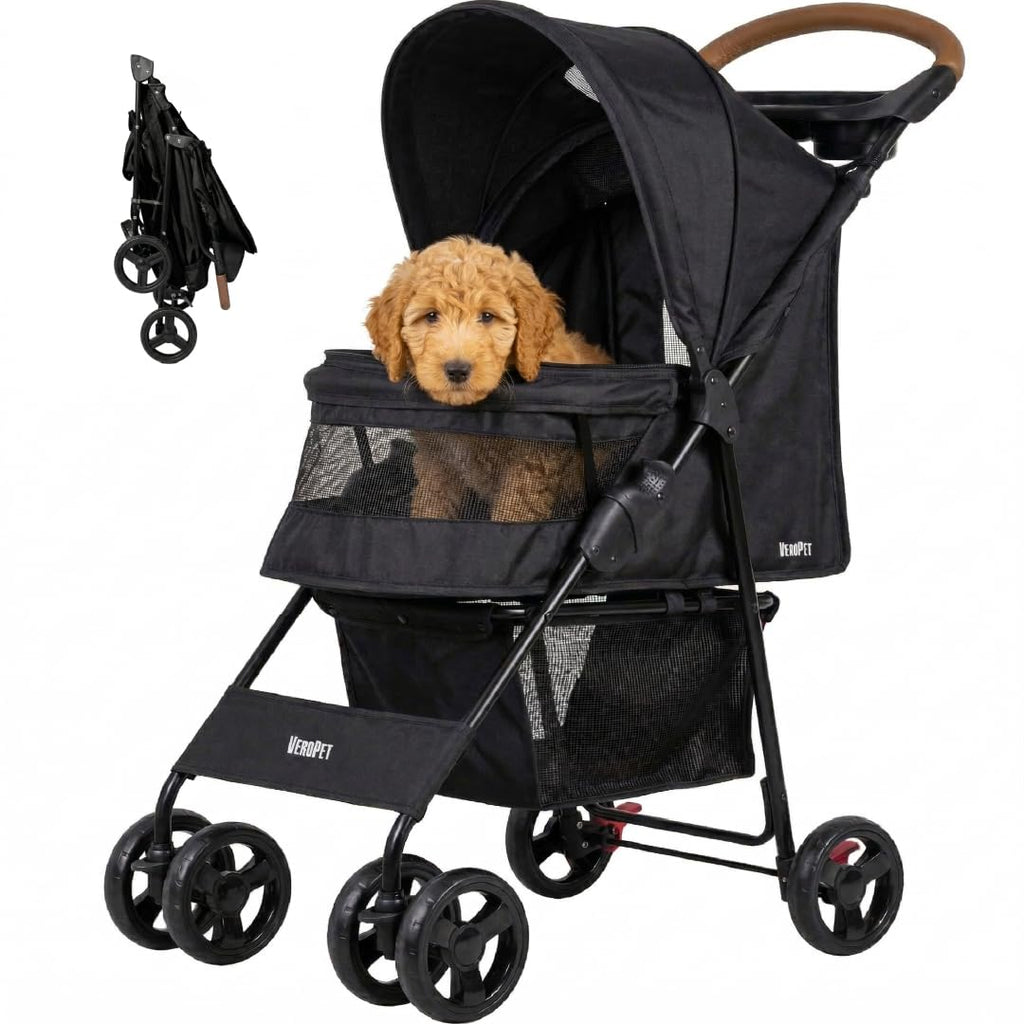 Foldable Pet Stroller with Mesh, Storage Basket & Cup Holder Q158330