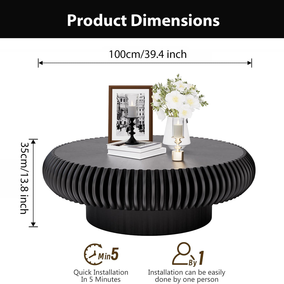 Black Round Fluted Drum Coffee Table P7924