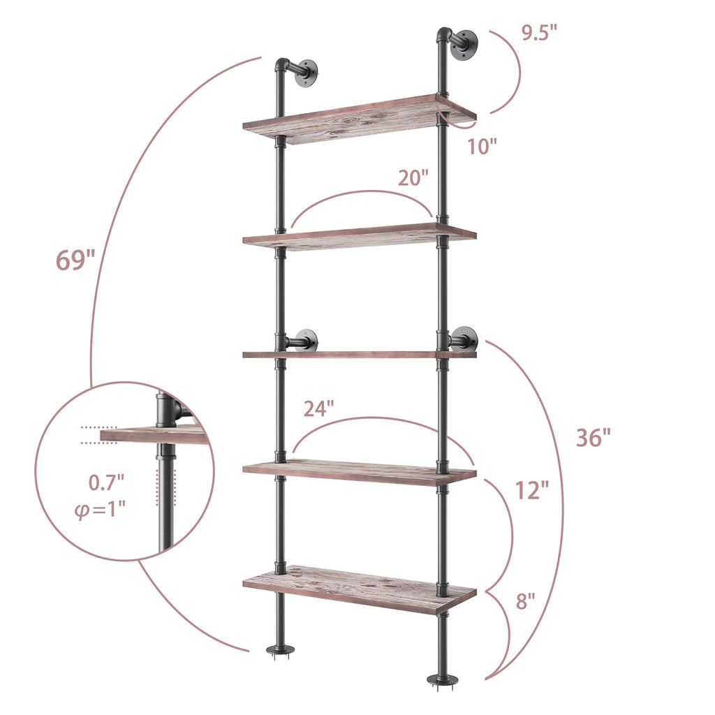 5 Tier Solid Wood Industrial Pipe Ladder Shelf L207