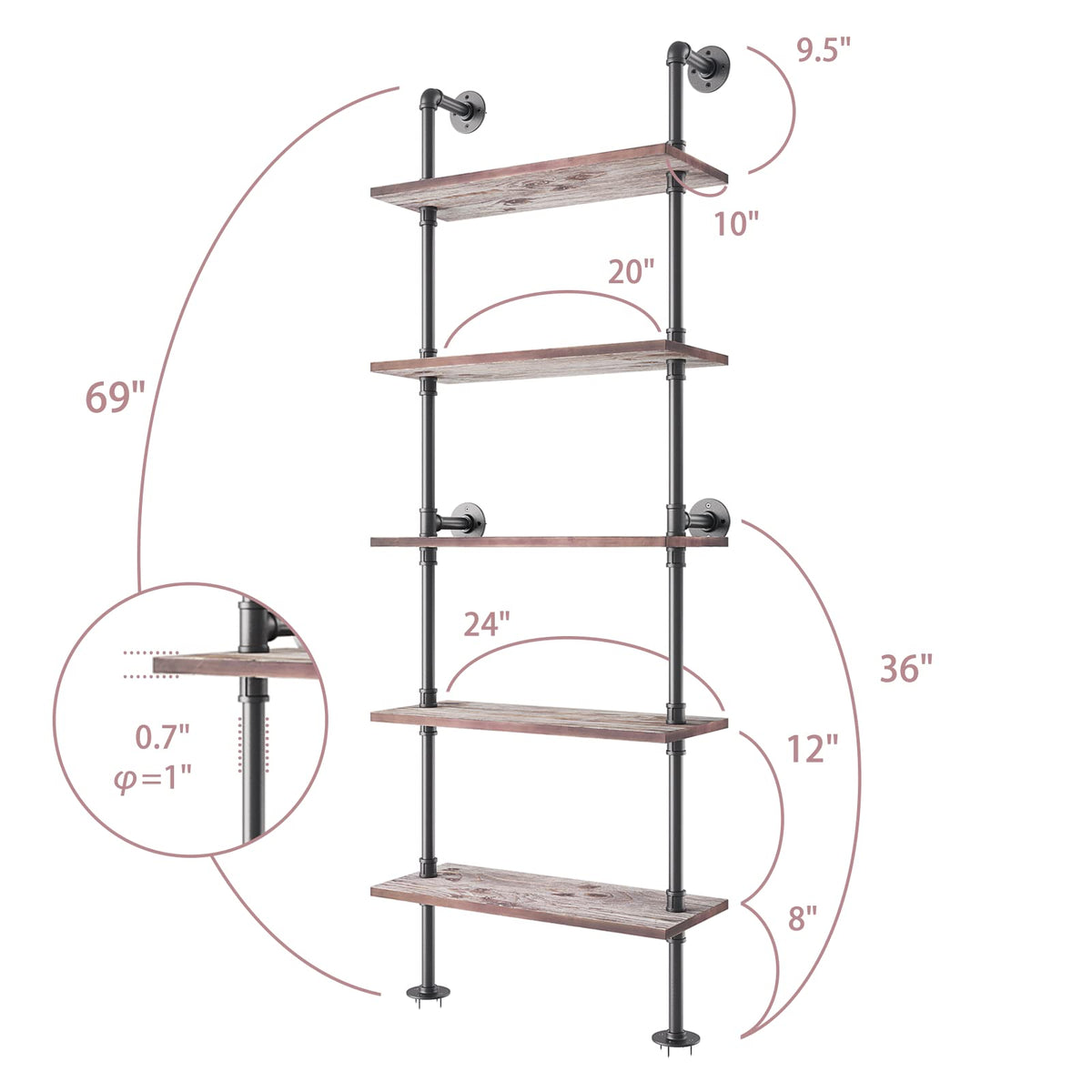 5 Tier Solid Wood Industrial Pipe Ladder Shelf L207
