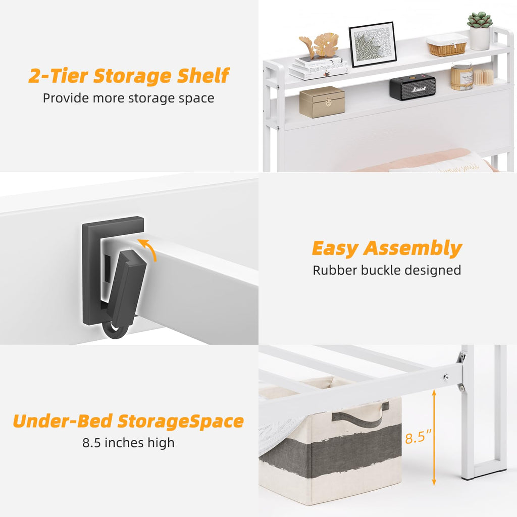 White Metal Twin Bed Frame with 2-Tier Storage Headboard L945506