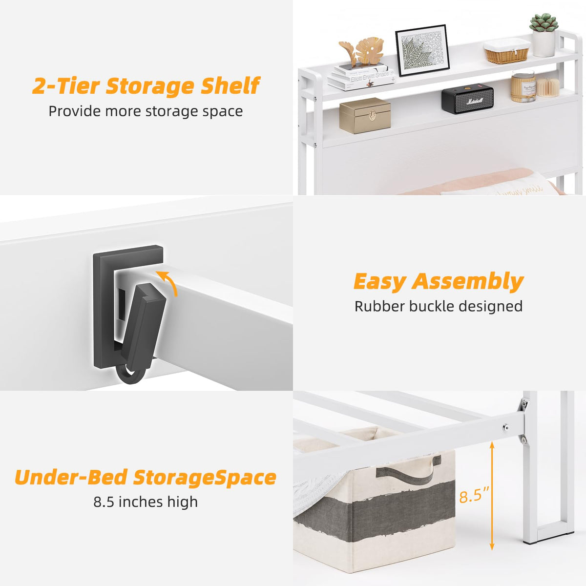 White Metal Twin Bed Frame with 2-Tier Storage Headboard L945506