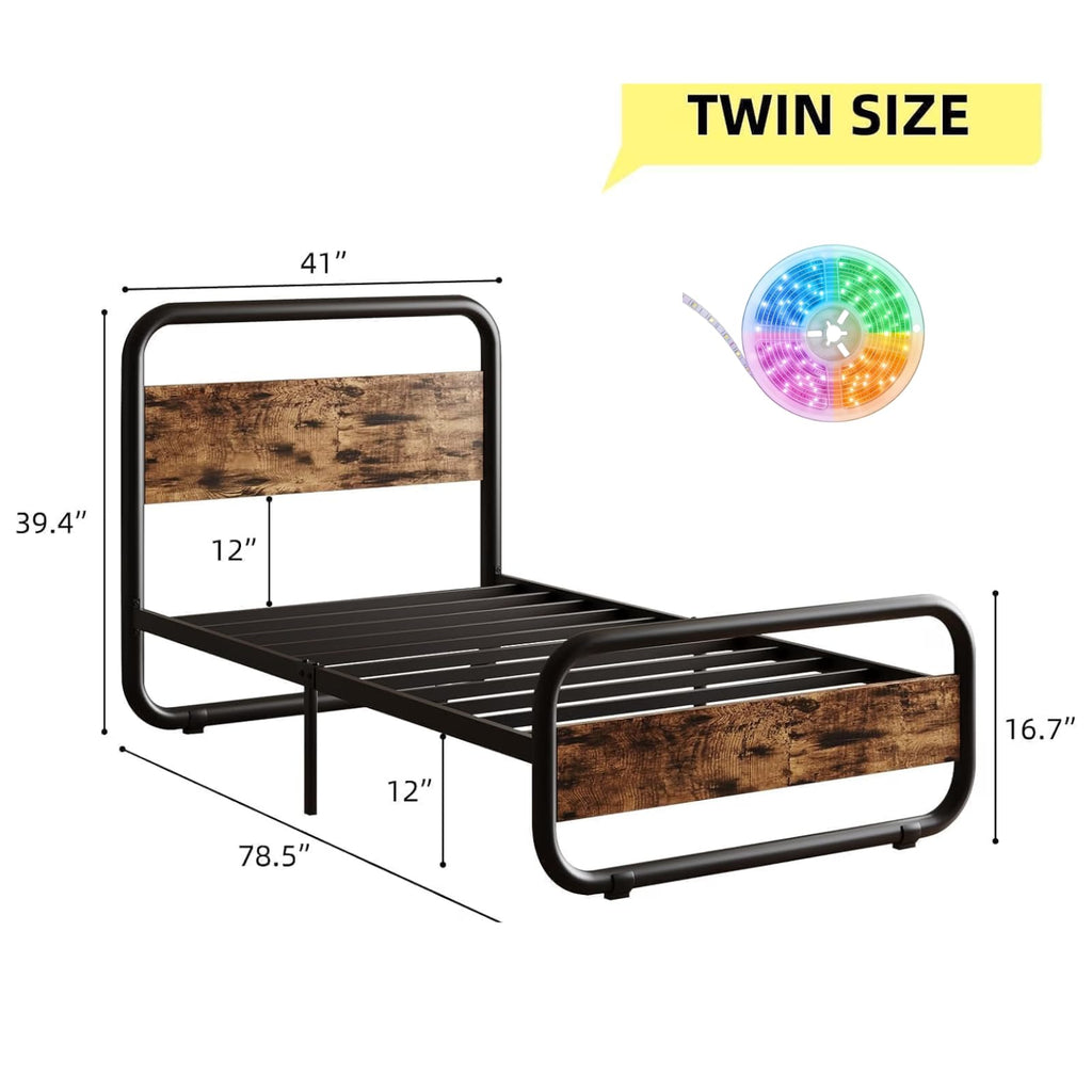 Brown Metal Platform Twin Bed Frame with Wood Headboard J84149