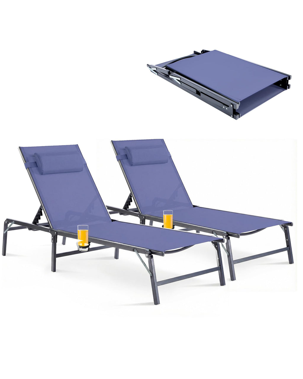 2 Pack Blue Foldable Chaise Lounge Chair with Cup Holder and Pillow B519