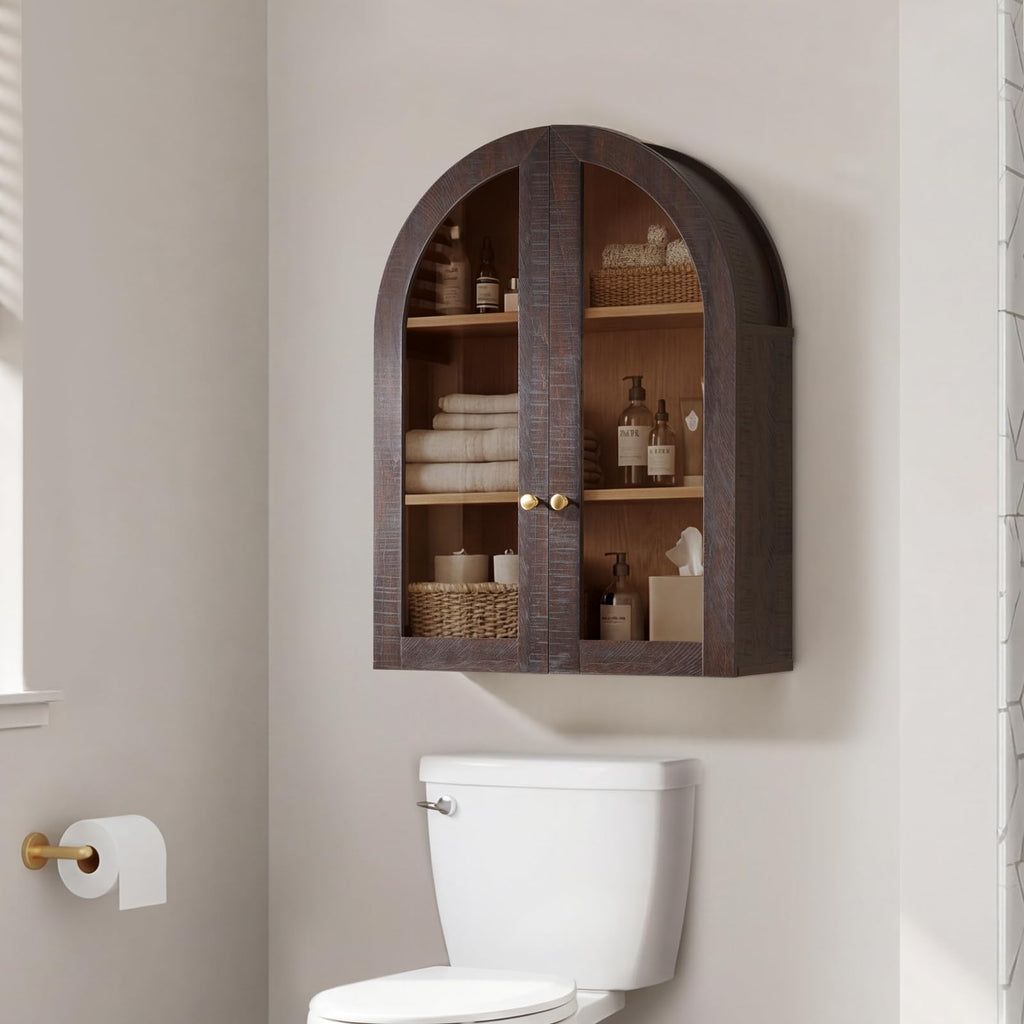 Arched Wall Cabinet with Glass Doors & Adjustable Shelves, 23.5×31.4 Inch F77276