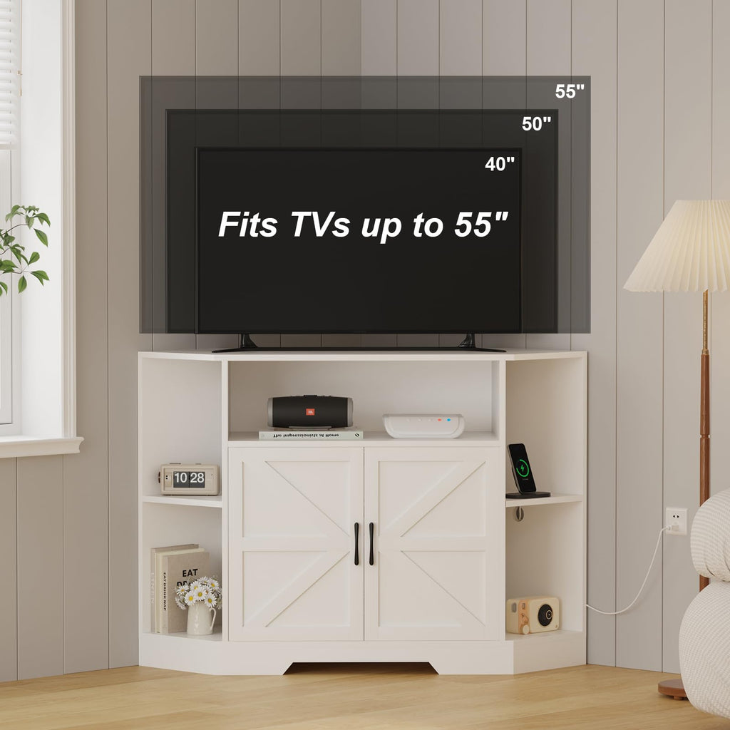 Corner TV Stand with Power Outlet & Barn Doors Z495