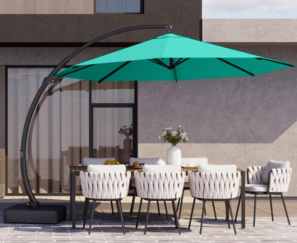11ft Turquoise Blue Offset Cantilever Patio Umbrella with Base P14999
