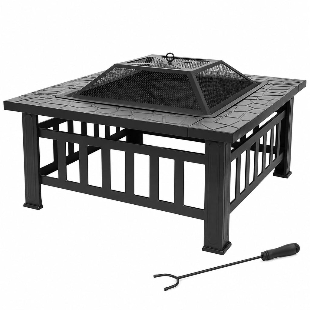 32 Inch Square Metal Wood Burning Fire Pit with Spark Screen and Poker X4632