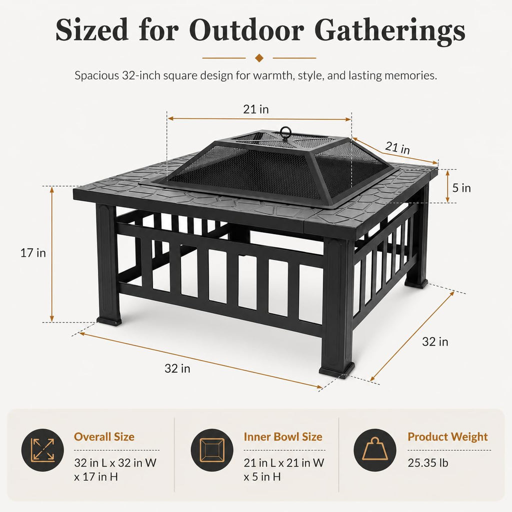32 Inch Square Metal Wood Burning Fire Pit with Spark Screen and Poker X4632