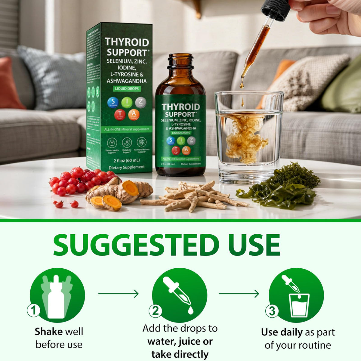 Iodine Selenium Zinc Ashwagandha L-Tyrosine Thyroid Support Liquid Drops 2 Fl Oz T43086