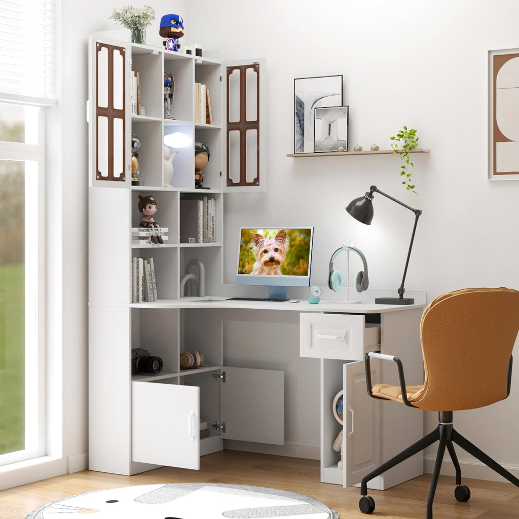 White L Shaped Corner Computer Desk with Bookshelf and Drawer S43886