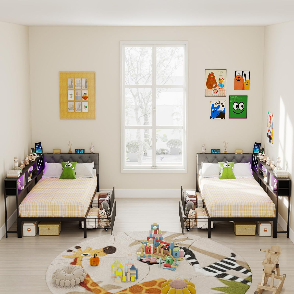 Gray Twin Corner Bed Frame with Storage Bookcase and Headboard G334613