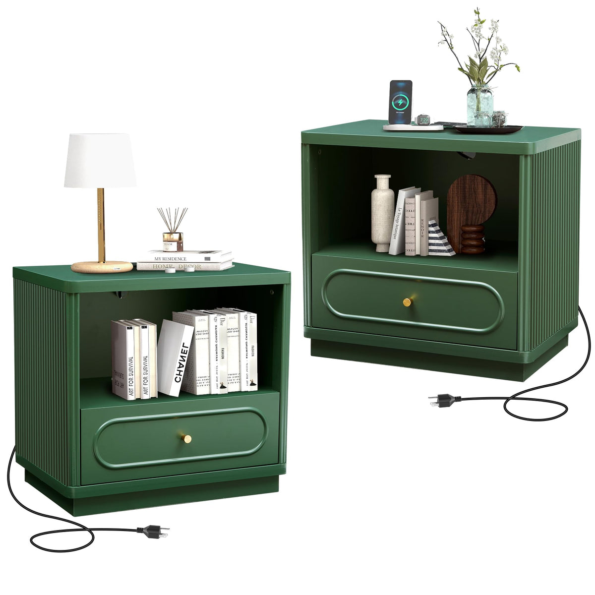 Green Fluted Nightstand Set of 2 with Charging Station U517