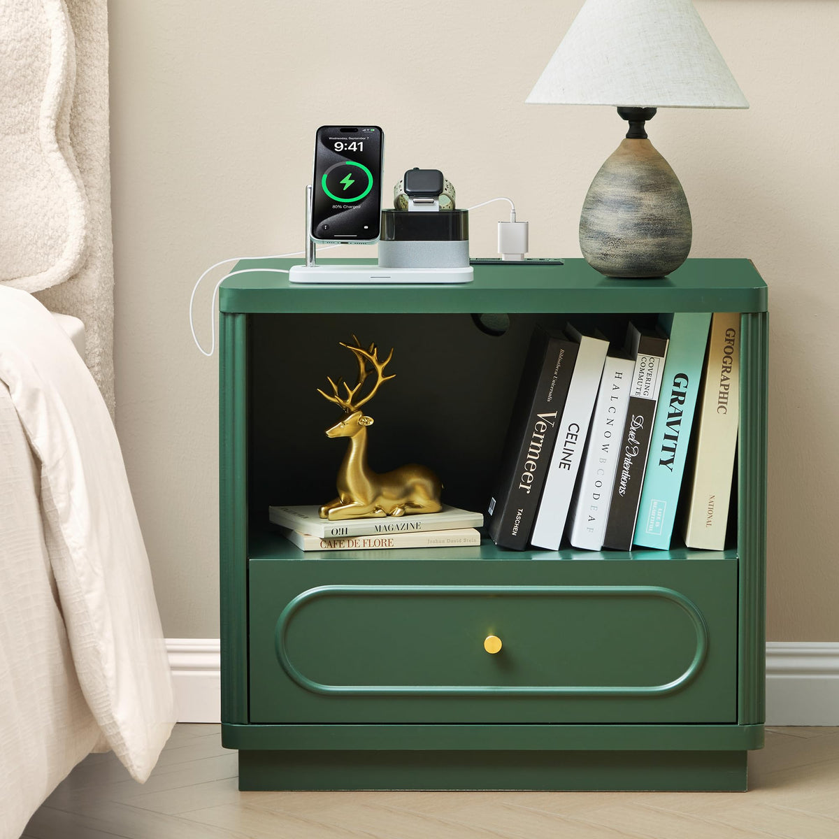 Green Fluted Nightstand Set of 2 with Charging Station U517