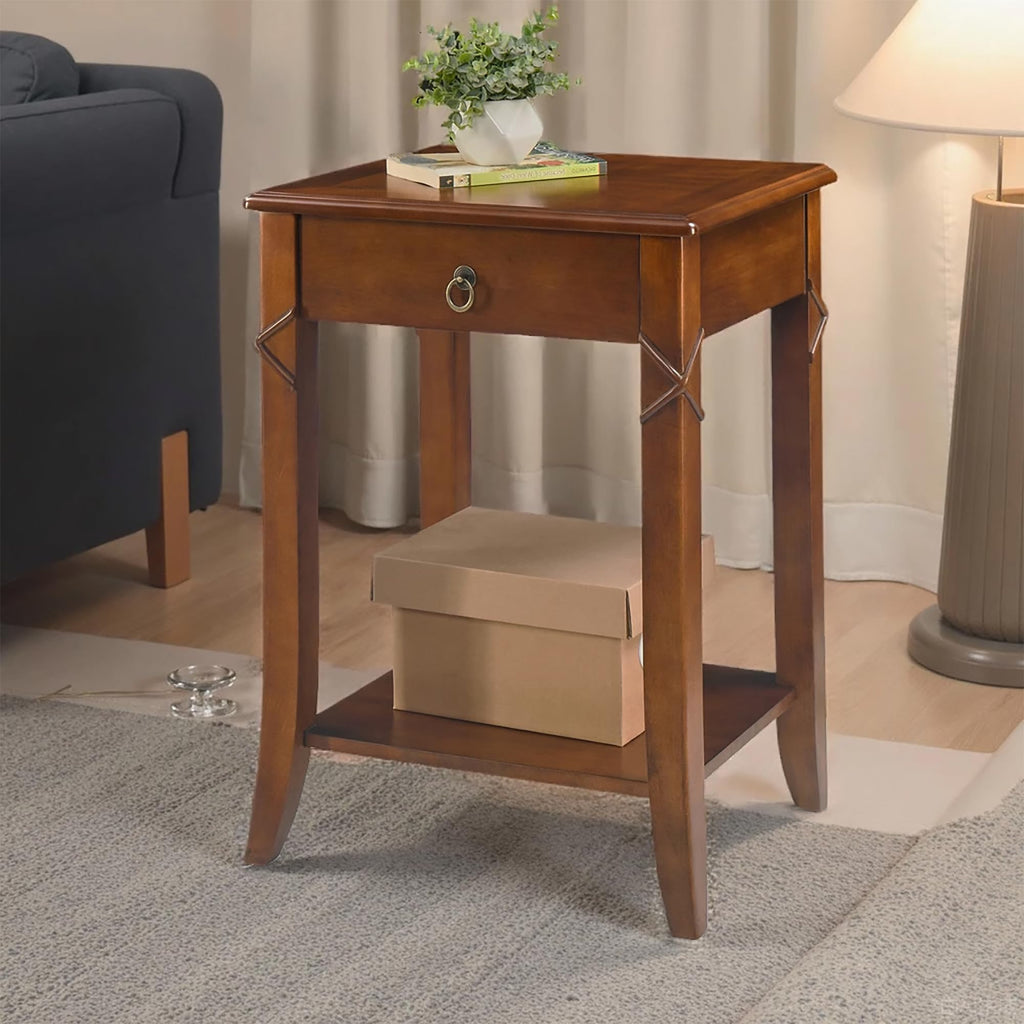 Small Solid Wood Side End Table with Drawer and Storage Shelf S3702