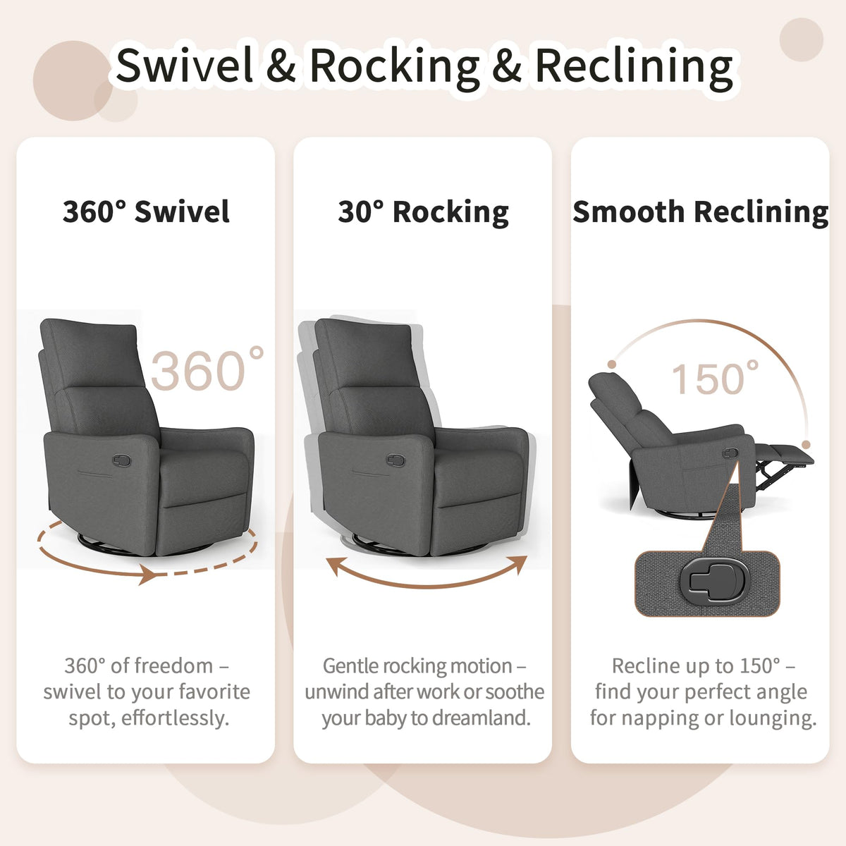 Light Brown Velvet Swivel Rocker Recliner Chair V9658