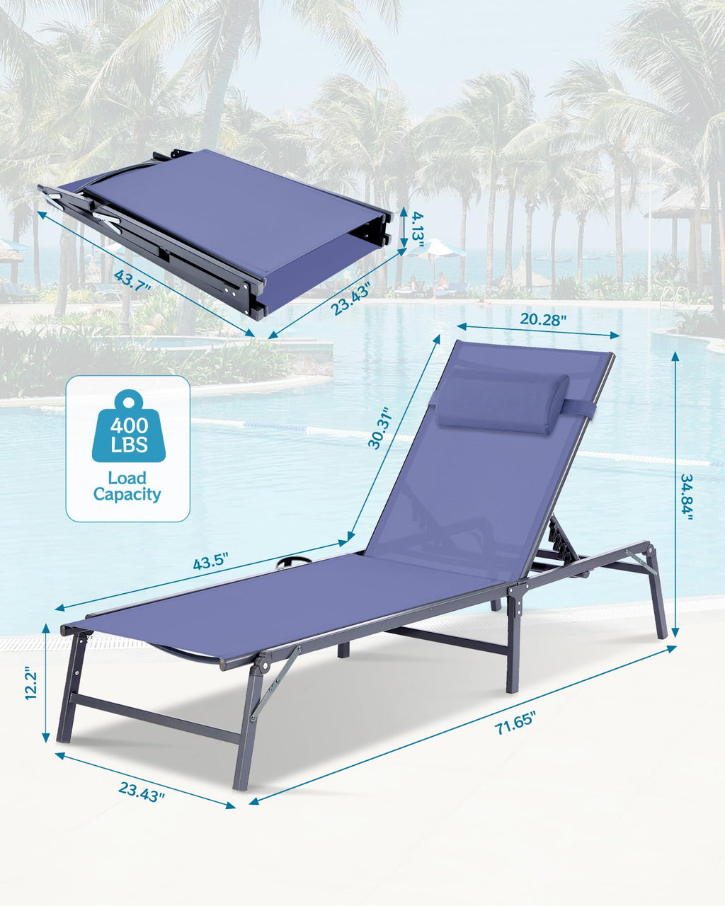 2 Pack Blue Foldable Chaise Lounge Chair with Cup Holder and Pillow B519