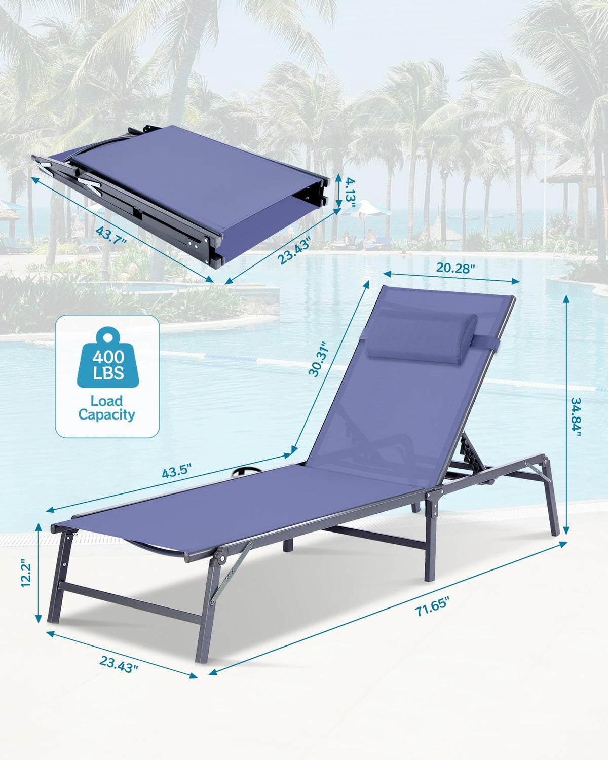 2 Pack Blue Foldable Chaise Lounge Chair with Cup Holder and Pillow B519