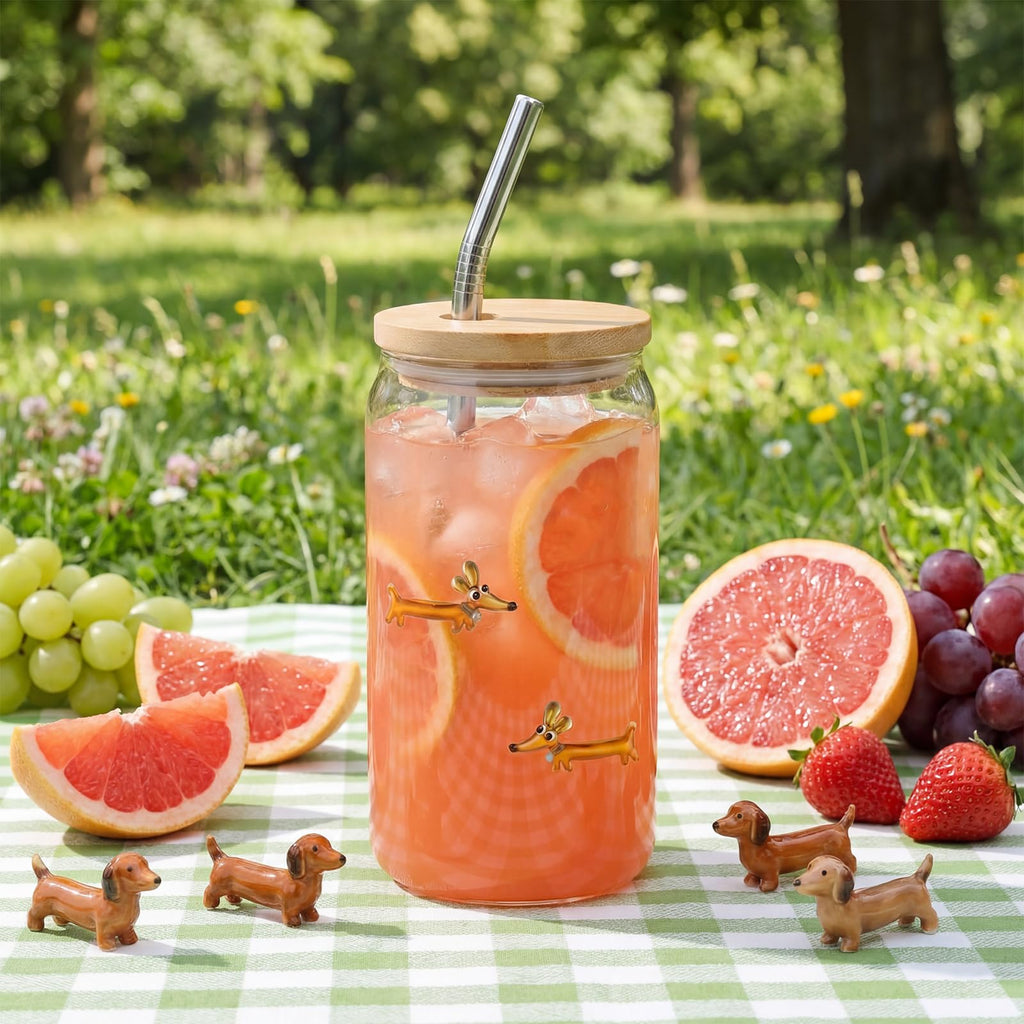 22 oz Dachshund Glass Cup with Lid Straw X310232