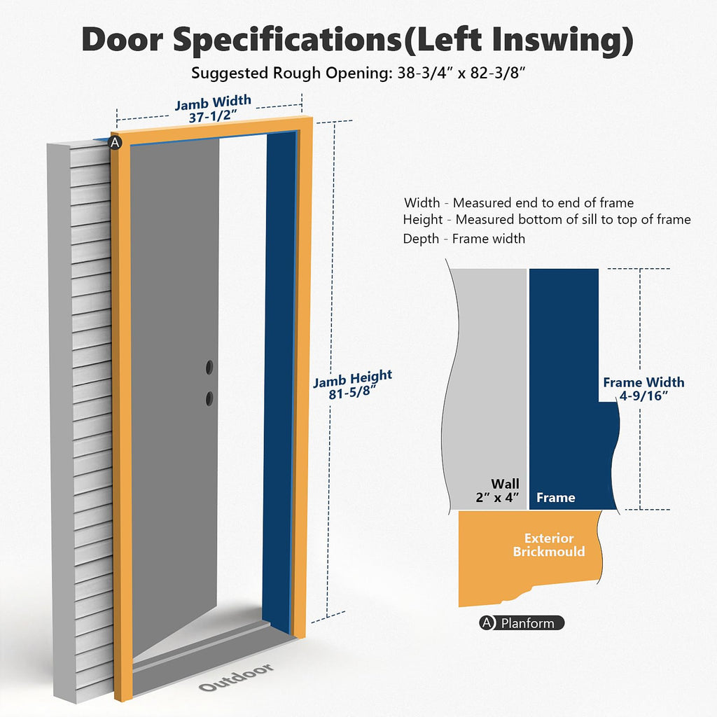 Fiberglass Exterior Door with Brickmould, 36 x 80 Left Hand Inswing 9 Lite Glass V1319