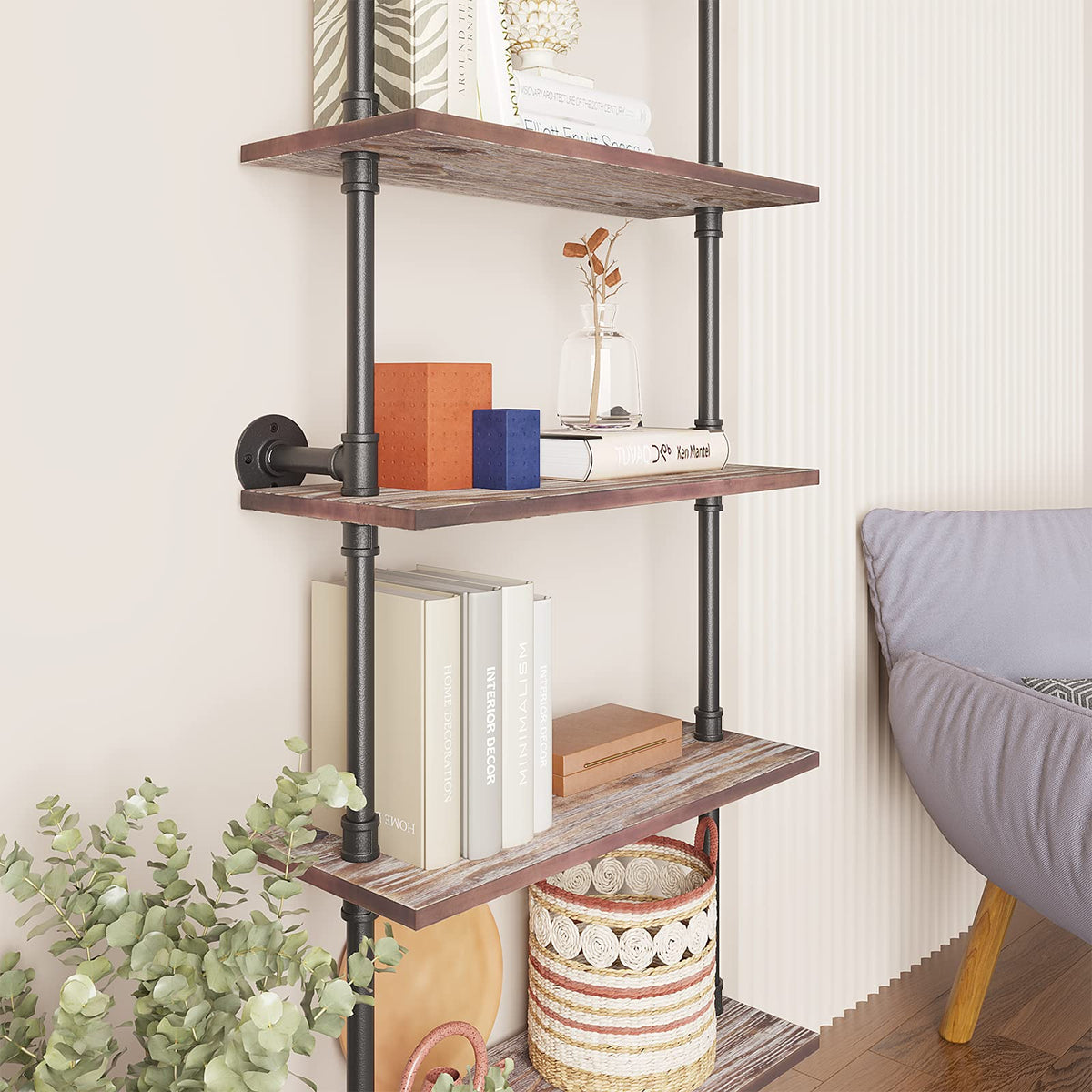 5 Tier Solid Wood Industrial Pipe Ladder Shelf L207