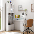 White L Shaped Corner Computer Desk with Bookshelf and Drawer S43886