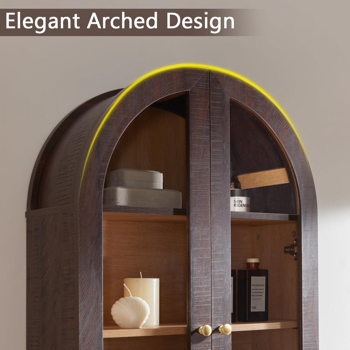 Arched Wall Cabinet with Glass Doors & Adjustable Shelves, 23.5×31.4 Inch F77276