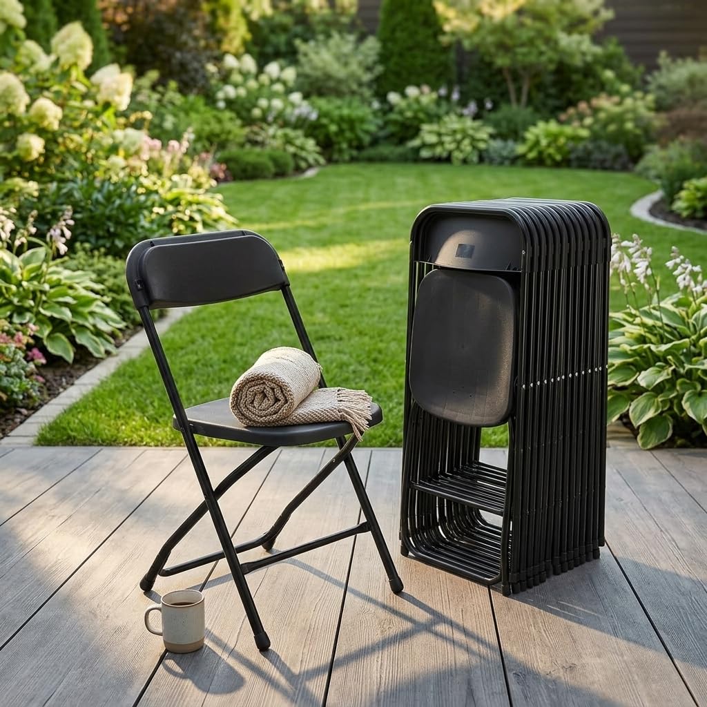 Folding Chairs Set of 10, 330lbs Heavy Duty Plastic Stackable Chairs, Portable Foldable Indoor Outdoor Chairs for Party, Camping, Patio & Events, Black O821