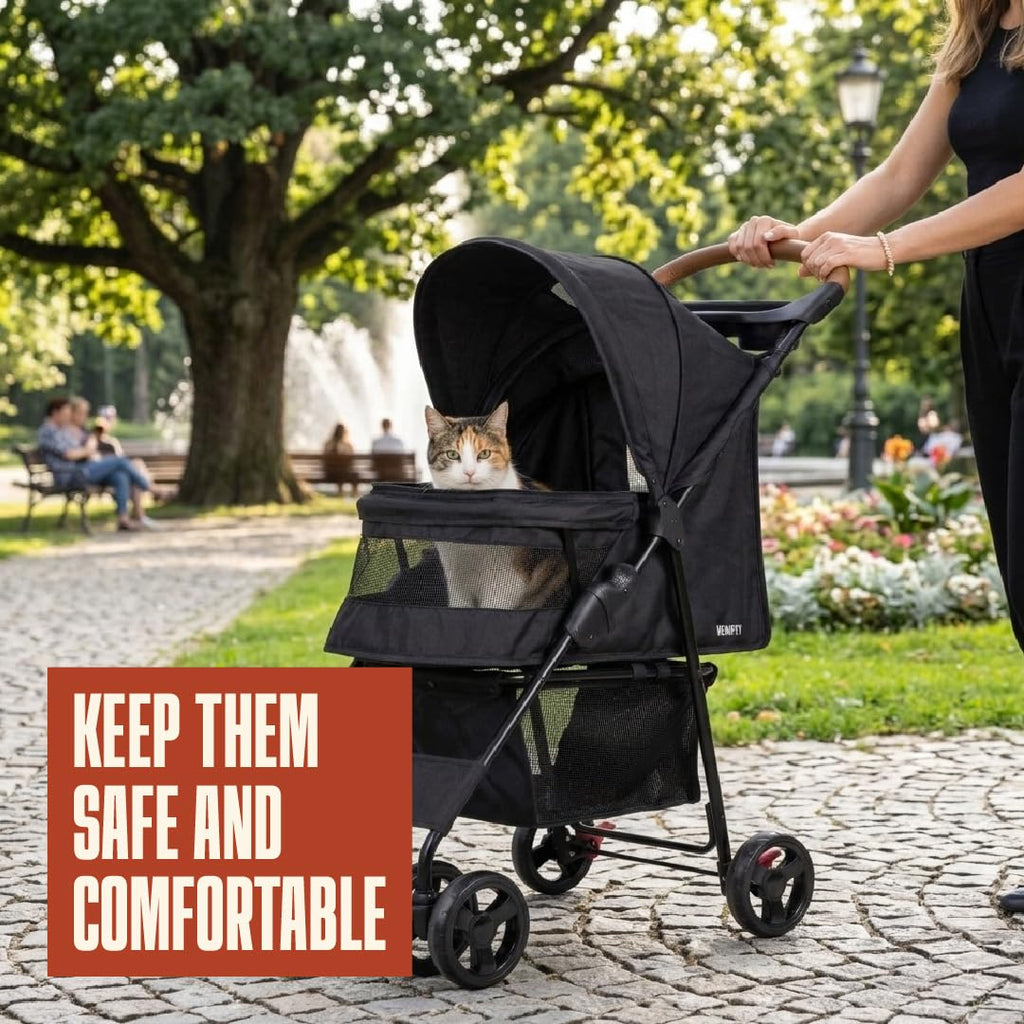 Foldable Pet Stroller with Mesh, Storage Basket & Cup Holder Q158330