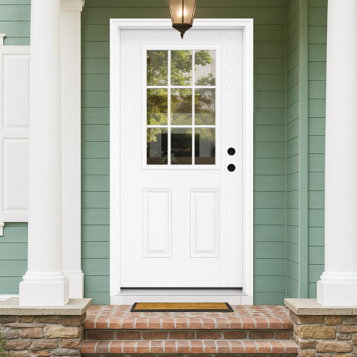 Fiberglass Exterior Door with Brickmould, 36 x 80 Left Hand Inswing 9 Lite Glass V1319
