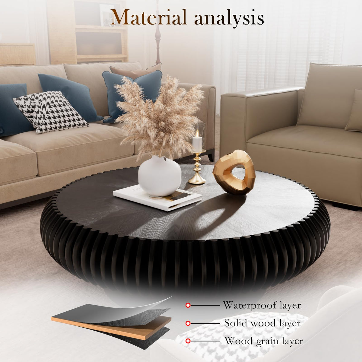 Black Round Fluted Drum Coffee Table P7924