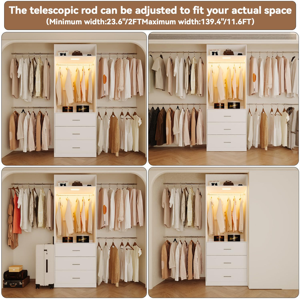 Wooden 11FT Closet Organizer with 3 Drawers and 4 Hanging Rods White Z716